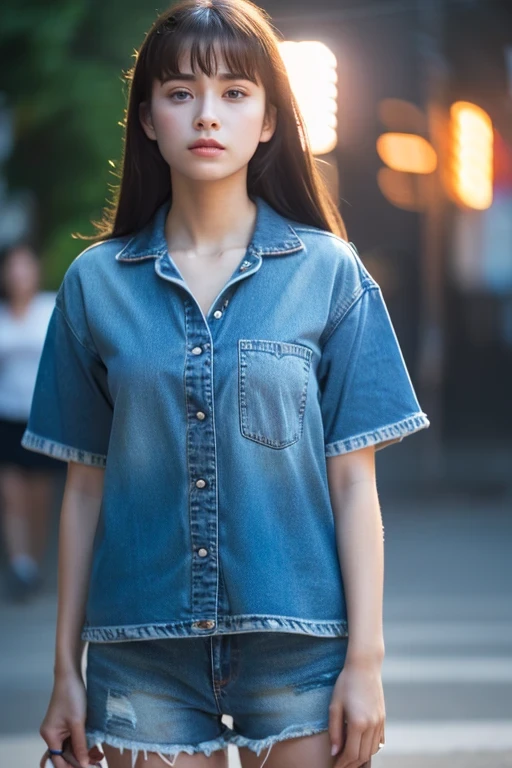 청자켓과 청색 반바지를 입은 여성