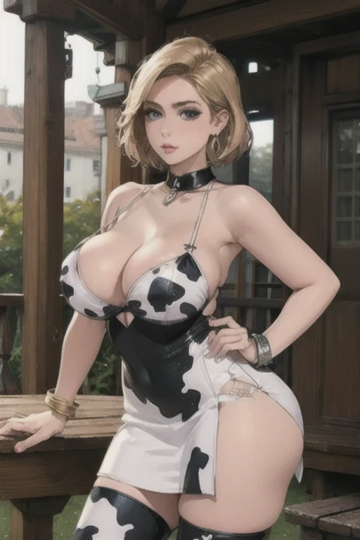 Hermosa chica rubia de pelo corto y cuerpo voluptuoso.