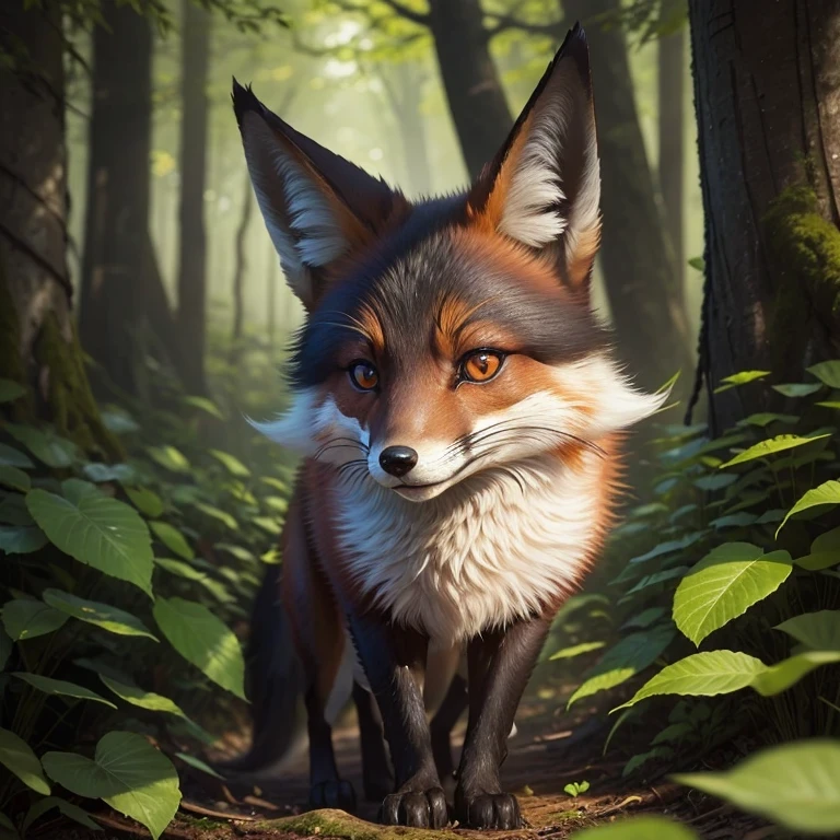 A black-browed fox smiles slyly with narrowed eyes in a fantastic forest
