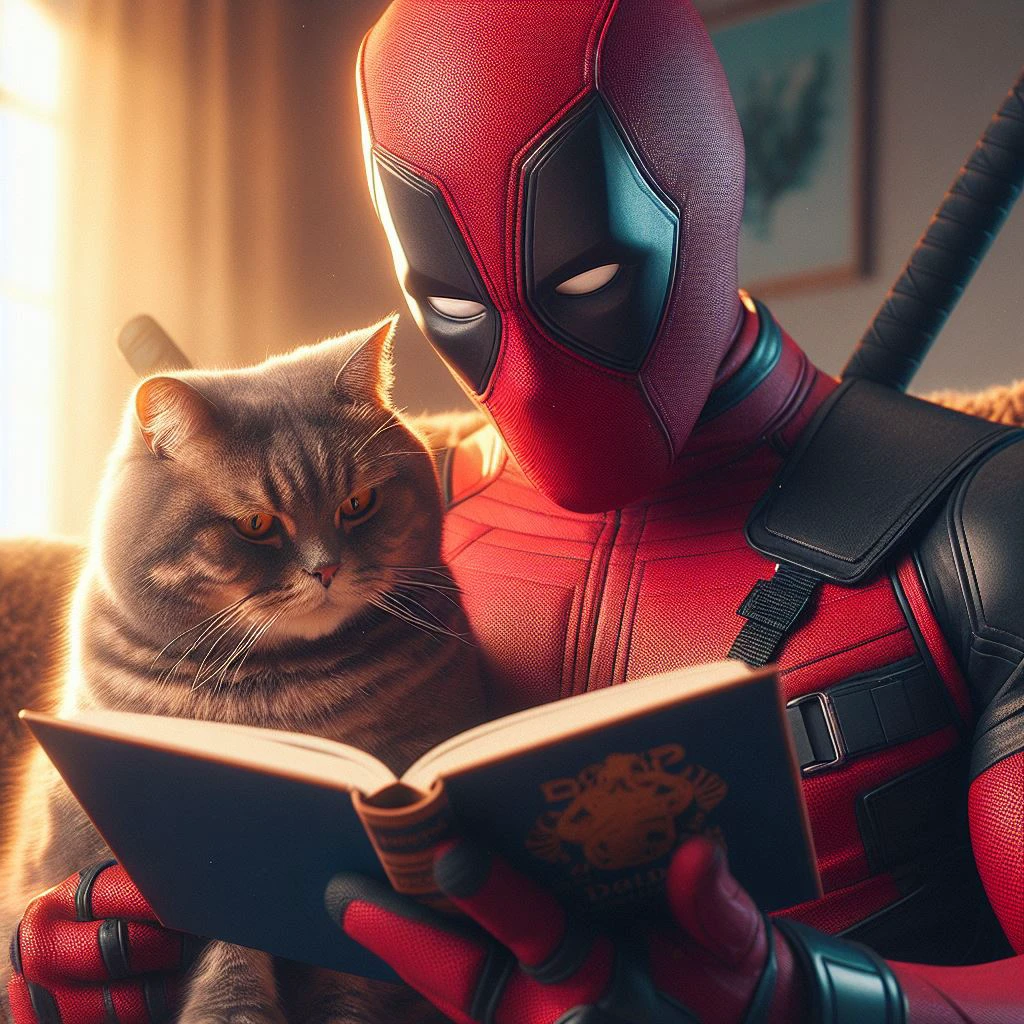 Deadpool and the cat reading