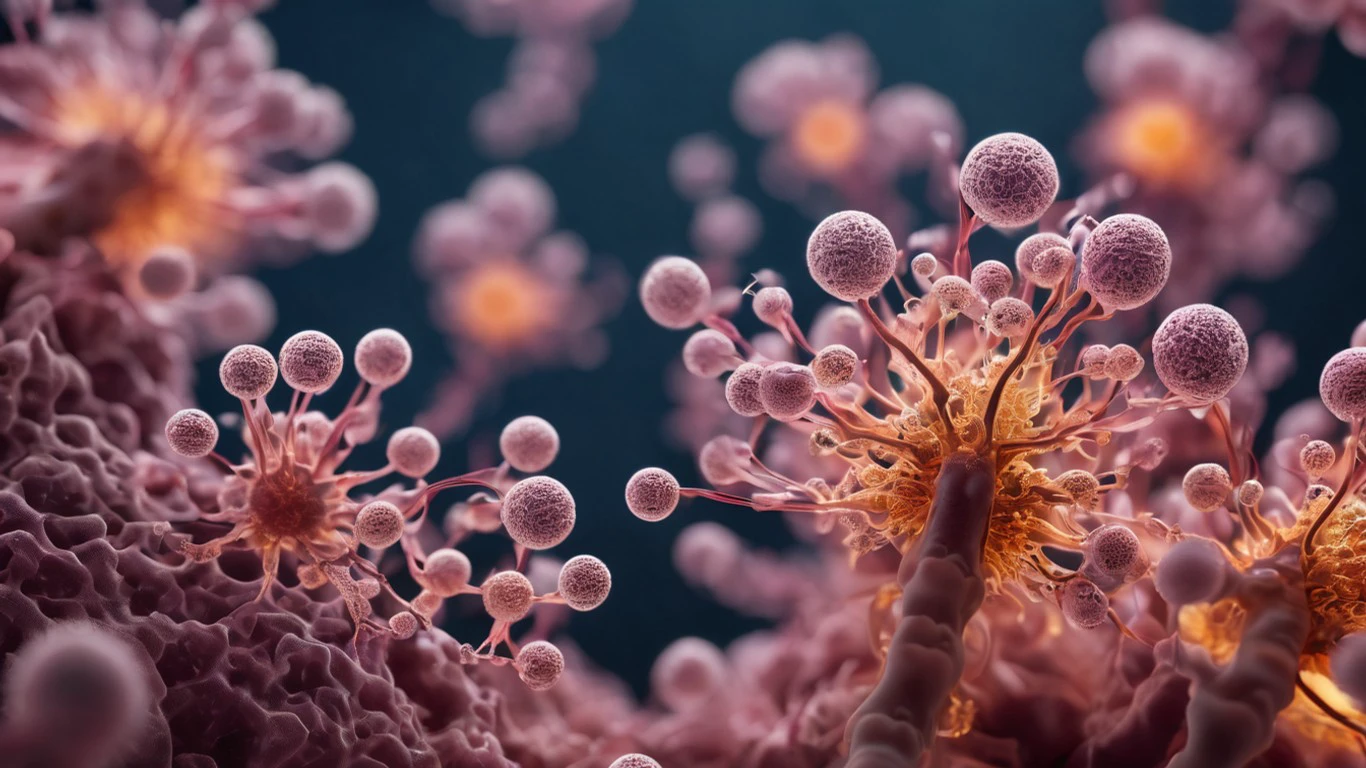 high quality microscopic lifeforms growing on a a skin cell