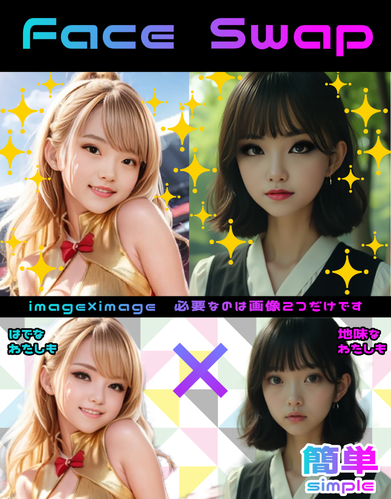 Expected cost 4 Face swap 1024px
<br>画像2枚をアップロードしたら顔が入れ替わる超単純なシステム
<br>ワークフローの時点ではコストは4でした。
<br>完成サイズ最大1024px
<br>
<br>最新版が出ました。4000pxぐらいのサイズまでいけます（立っている全身図など）
<br>https://www.seaart.ai/ja/workFlowAppDetail/csfndrde878c738pms7g