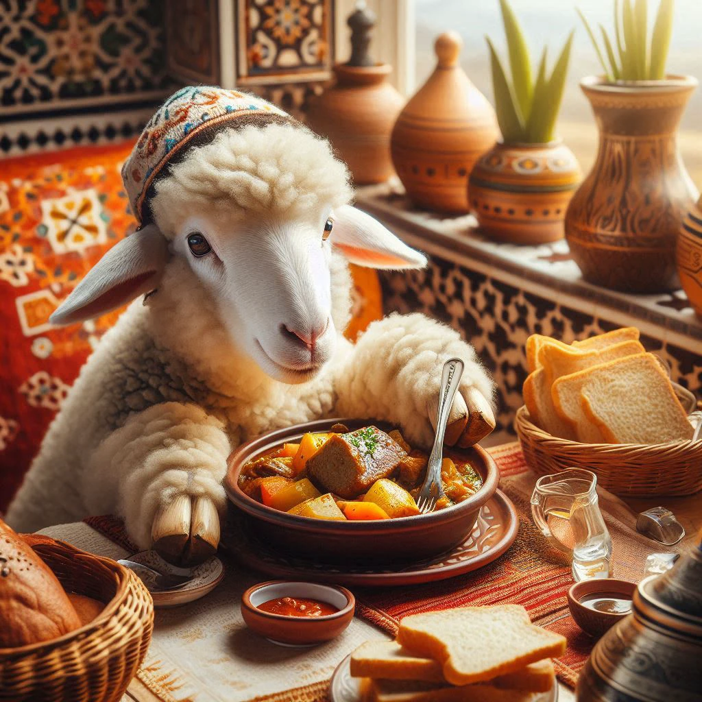 Sheep eating Moroccan tagine