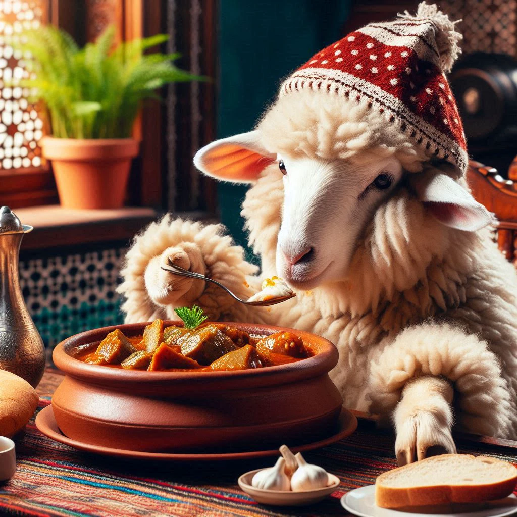 Sheep eating Moroccan tagine