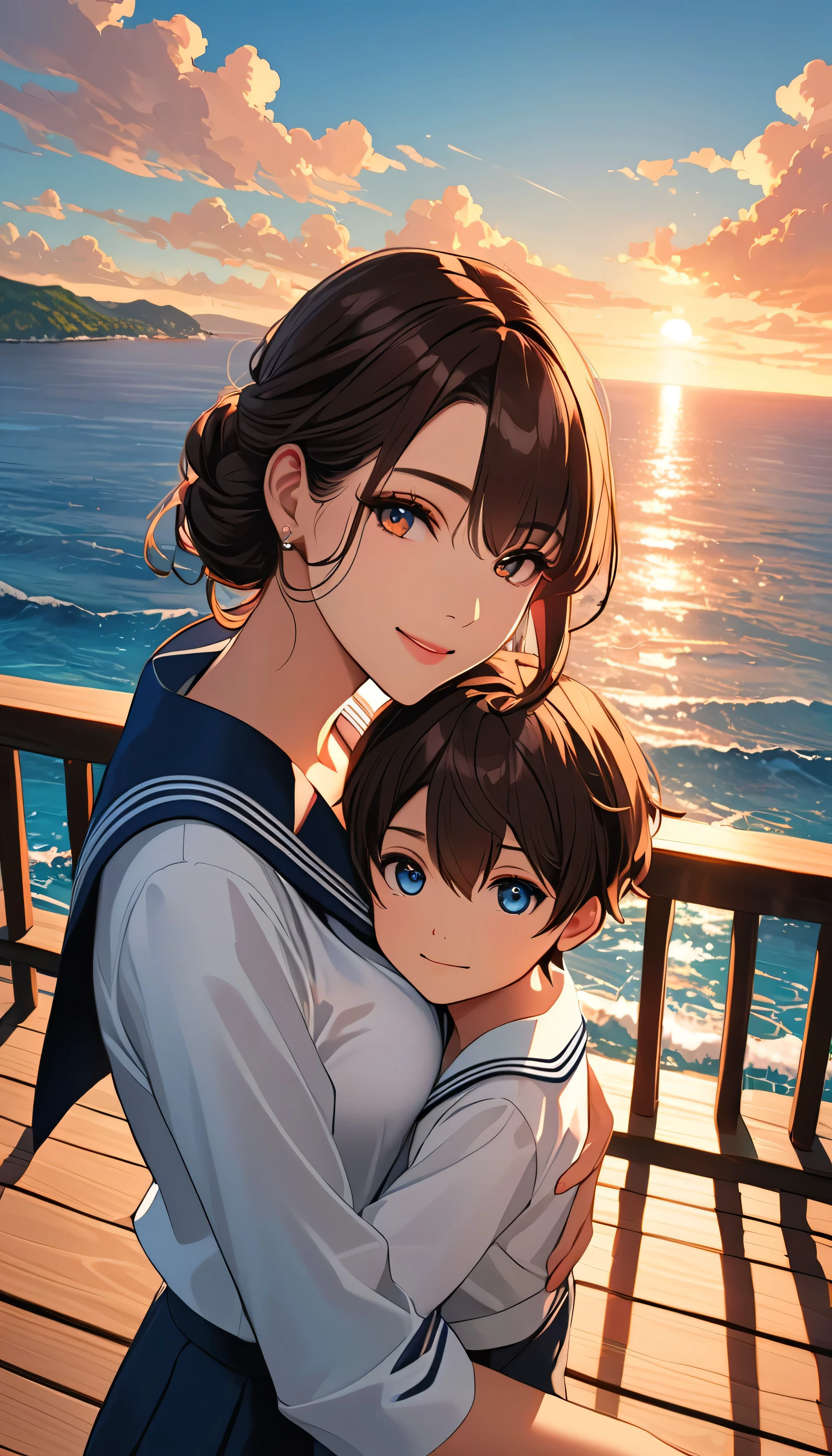 Young mother and young son standing on the dock