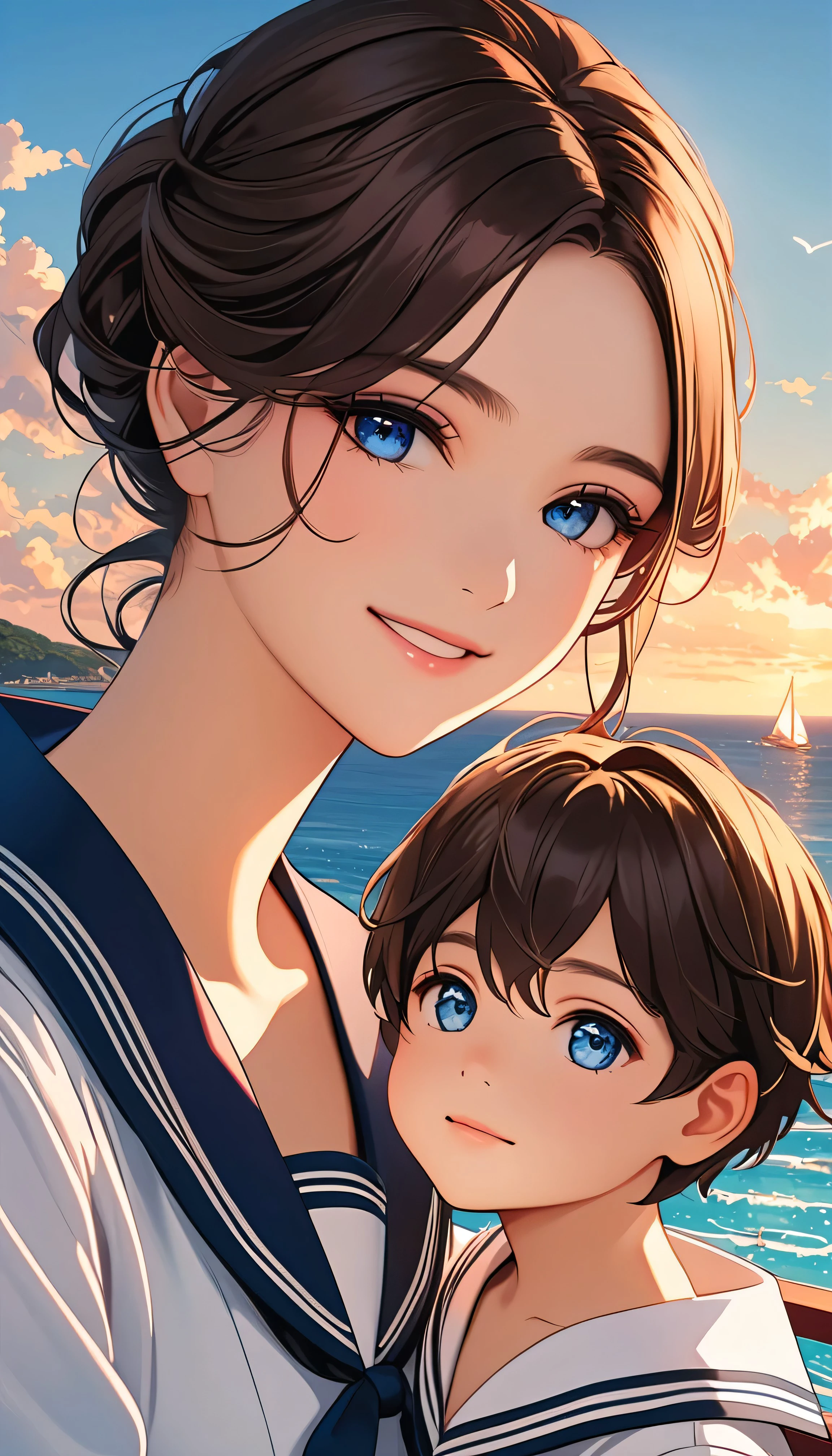 Young mother and young son standing on the dock