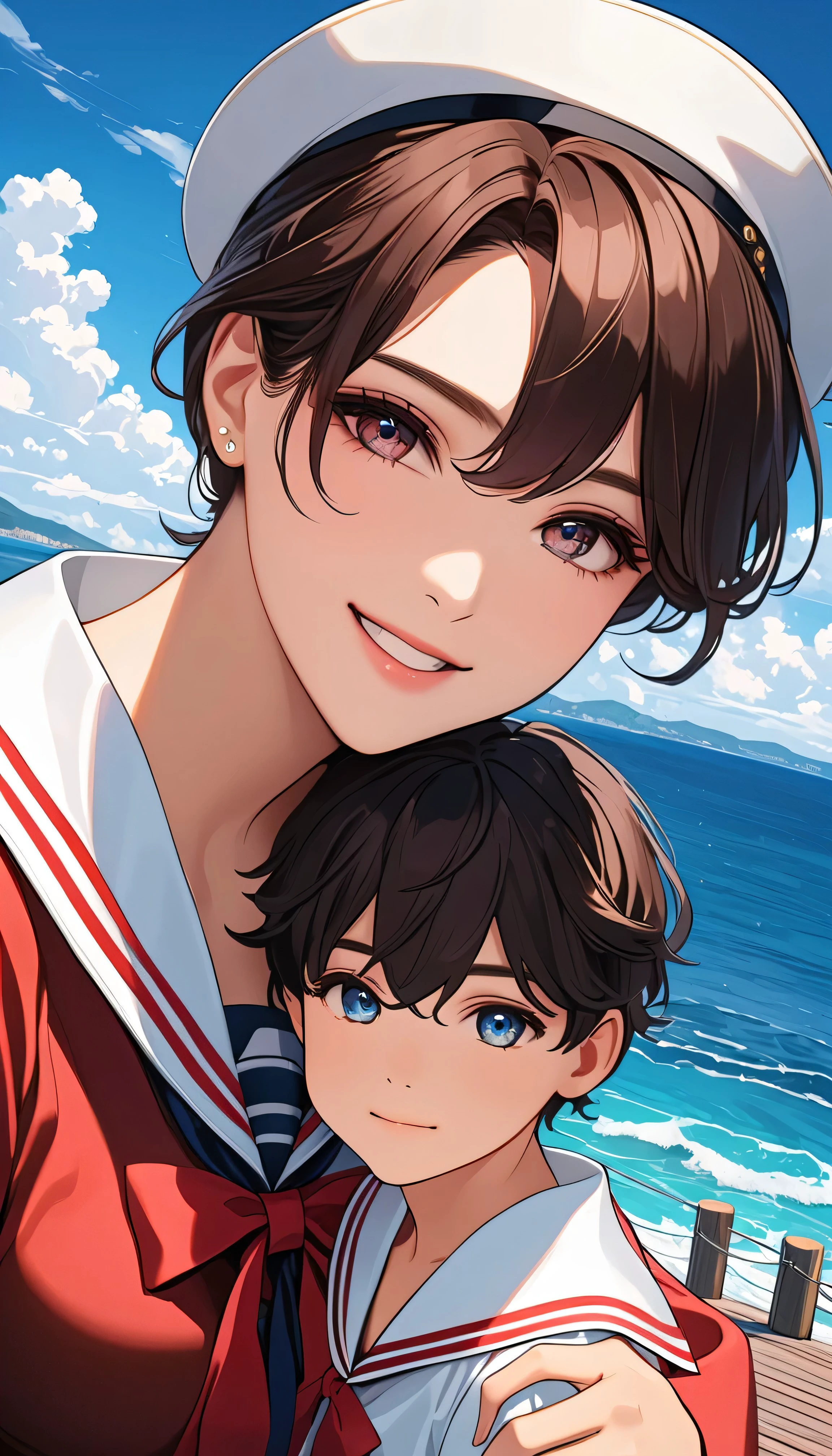 Young mother and young son standing on the dock