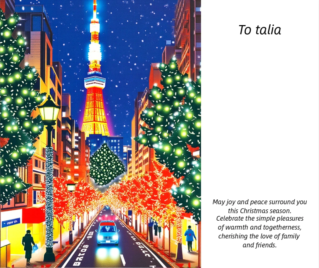 Design a Christmas card based on your photos!
Upload an image as the base for the Christmas card design, then input the person's name you'd like to send the card to.
Finally, download the output and send them out!