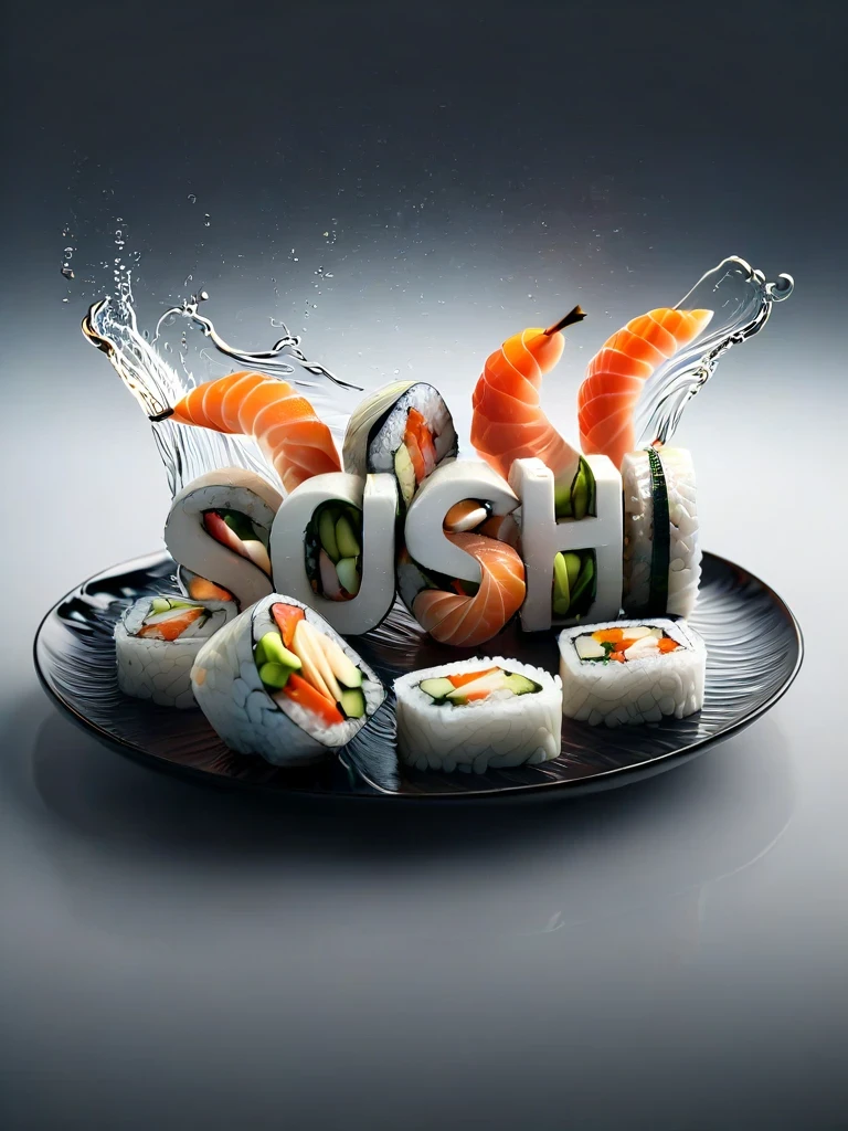 Created for restaurants and food products, you can add the text inside "" if it doesn't appear correctly, you'll need multiple tries, example:
<br>
<br>"sushi" text letters logo made by sushi rolls letters dish on plate, chopsticks and sauces swirling splash, soy sauce splash, wet glossy splash