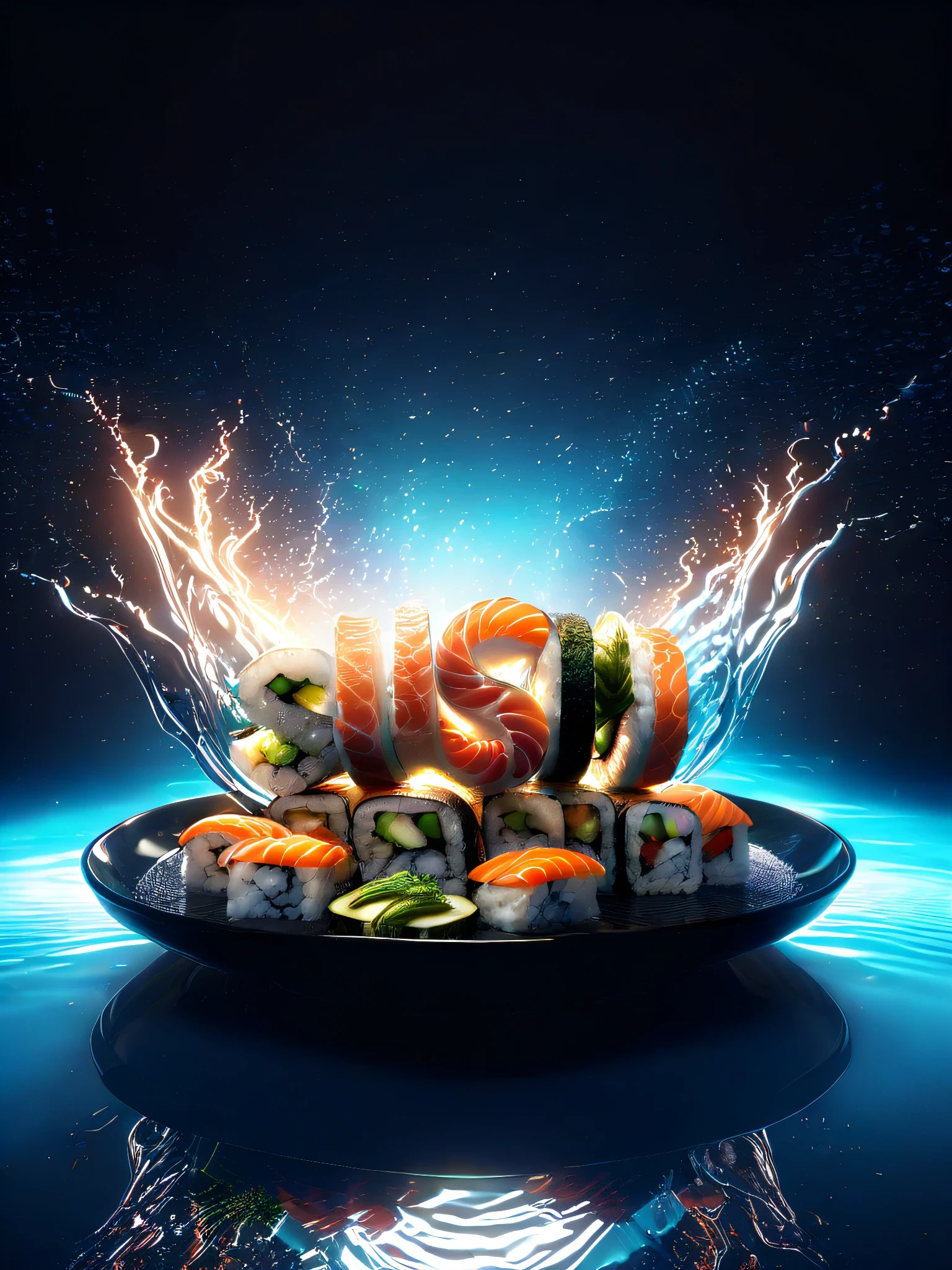 Created for restaurants and food products, you can add the text inside "" if it doesn't appear correctly, you'll need multiple tries, example:
<br>
<br>"sushi" text letters logo made by sushi rolls letters dish on plate, chopsticks and sauces swirling splash, soy sauce splash, wet glossy splash