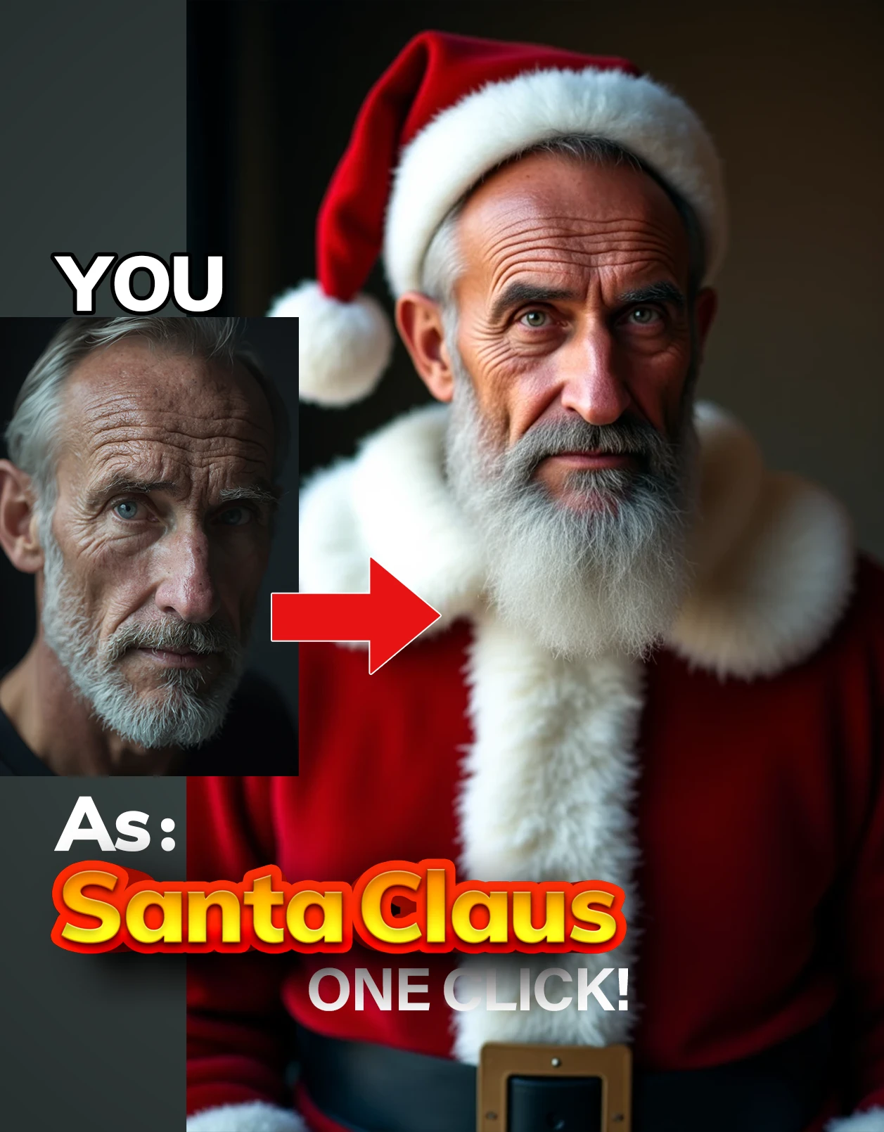 Upload your image (must be male), and hit generate it will give an image of yourself in Santa Claus (FatherChristmas) style.