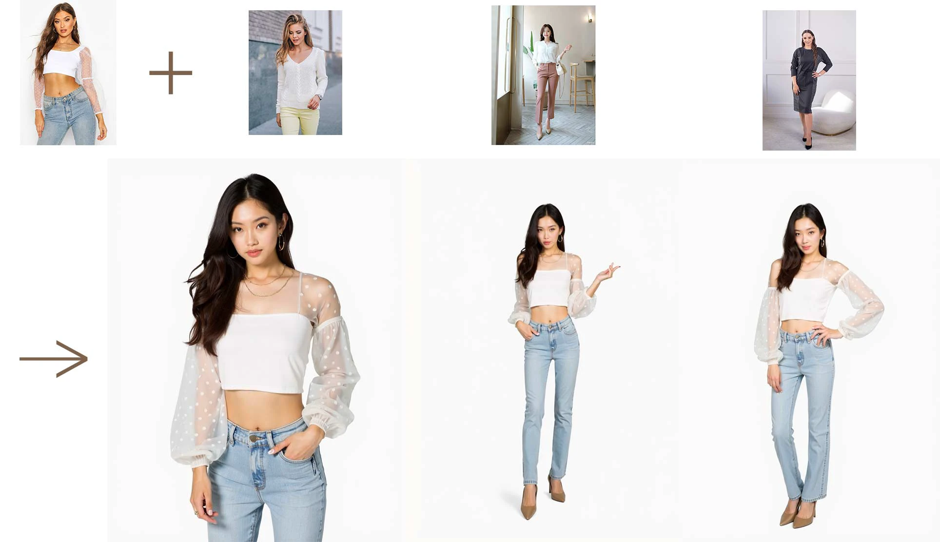 Input a reference picture with a person as the main subject and three pictures of people's poses, and three sets of consistent model pictures can be generated.