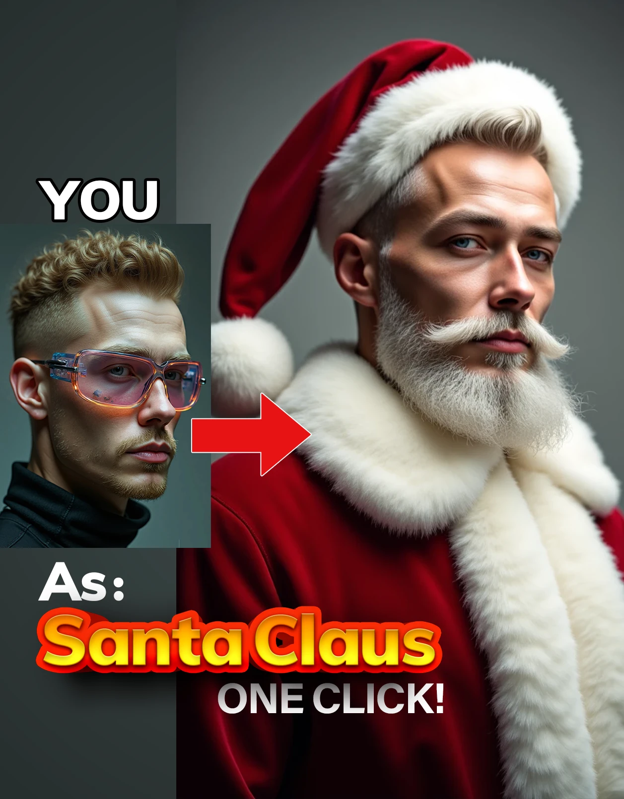 Upload your image (must be male), and hit generate it will give an image of yourself in Santa Claus (FatherChristmas) style.