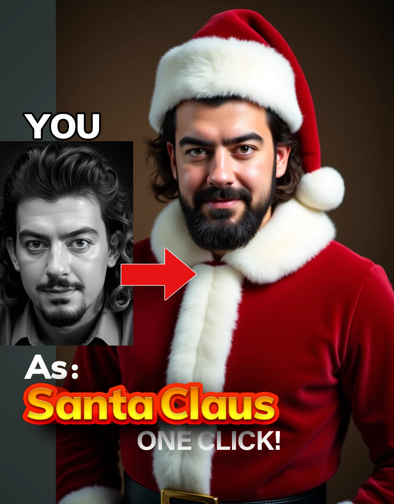 Upload your image (must be male), and hit generate it will give an image of yourself in Santa Claus (FatherChristmas) style.