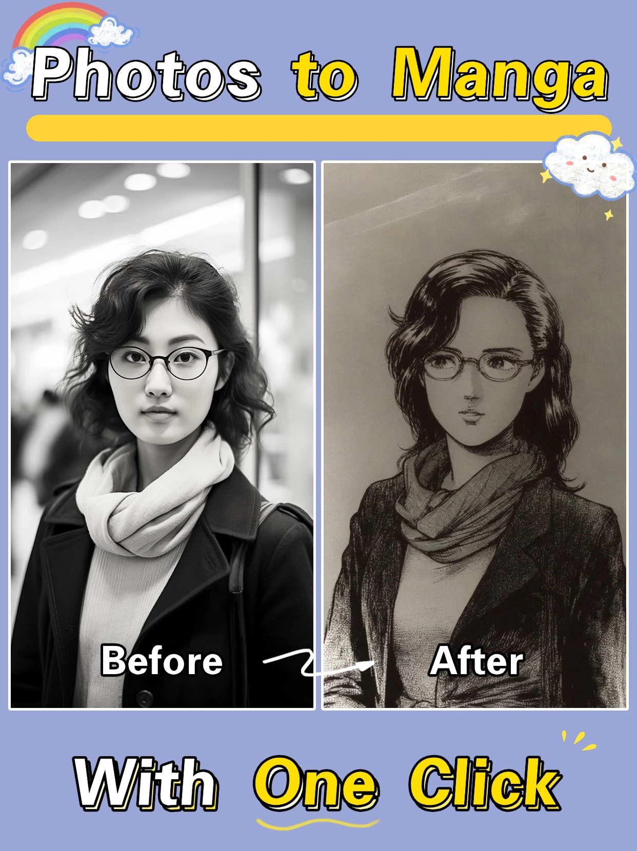 ✨ 一键转换：只需上传照片，即刻获得精美漫画风格图像
<br>🎨 清新写实：完美保留原图精髓，融入二次元艺术风格
<br>
<br>支持生成彩色漫画和黑白漫画两种风格，请手动根据上传的照片调整风格
<br>（提示：如果要生成黑白漫画，需要上传黑白照片，并且在“彩色/黑白”的选项中，将值设为“2”）
<br>
<br>✨ One-Click Transform: Upload your photo and instantly get a beautiful manga-style image
<br>🎨 Fresh & Realistic: Perfectly preserves the essence of original photos while blending in anime artistry
<br>
<br>Supports both color and black & white manga/comic styles. Please manually adjust the style based on your uploaded photo.
<br>(Note: To generate black and white manga/comics, you need to upload a black and white photo and set the value to "2" in the "Color/Black and White" option)
<br>
<br>
<br>
<br>
<br>
<br>Support to generate two styles of color comics and black and white comics, please manually adjust the style according to the uploaded photos