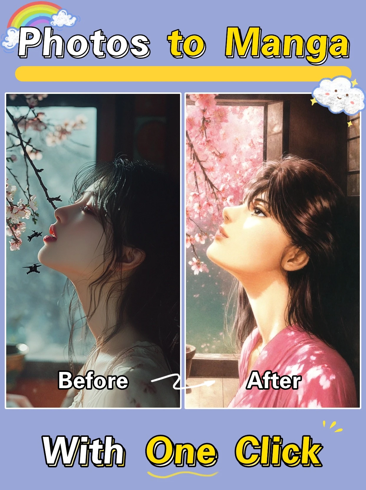 ✨ 一键转换：只需上传照片，即刻获得精美漫画风格图像
<br>🎨 清新写实：完美保留原图精髓，融入二次元艺术风格
<br>
<br>支持生成彩色漫画和黑白漫画两种风格，请手动根据上传的照片调整风格
<br>（提示：如果要生成黑白漫画，需要上传黑白照片，并且在“彩色/黑白”的选项中，将值设为“2”）
<br>
<br>✨ One-Click Transform: Upload your photo and instantly get a beautiful manga-style image
<br>🎨 Fresh & Realistic: Perfectly preserves the essence of original photos while blending in anime artistry
<br>
<br>Supports both color and black & white manga/comic styles. Please manually adjust the style based on your uploaded photo.
<br>(Note: To generate black and white manga/comics, you need to upload a black and white photo and set the value to "2" in the "Color/Black and White" option)
<br>
<br>
<br>
<br>
<br>
<br>Support to generate two styles of color comics and black and white comics, please manually adjust the style according to the uploaded photos