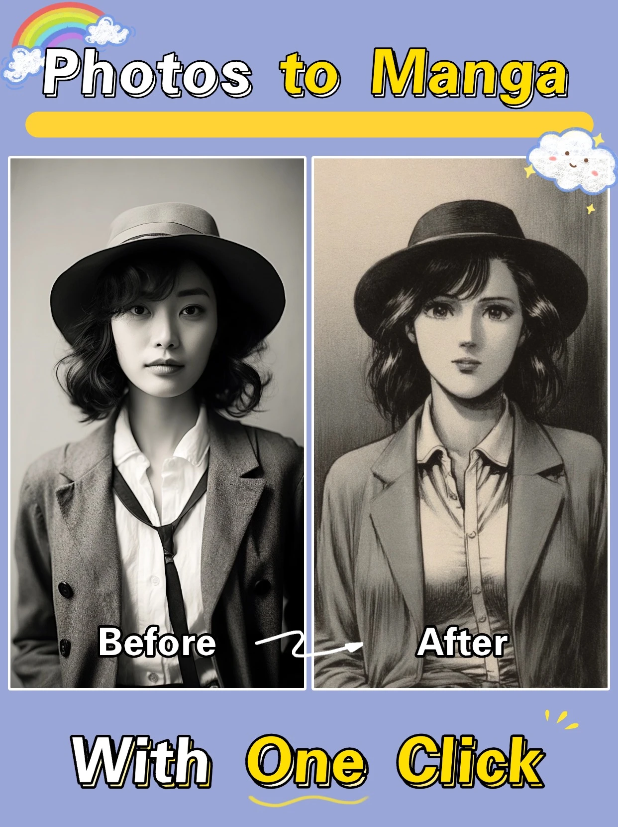 ✨ 一键转换：只需上传照片，即刻获得精美漫画风格图像
<br>🎨 清新写实：完美保留原图精髓，融入二次元艺术风格
<br>
<br>支持生成彩色漫画和黑白漫画两种风格，请手动根据上传的照片调整风格
<br>（提示：如果要生成黑白漫画，需要上传黑白照片，并且在“彩色/黑白”的选项中，将值设为“2”）
<br>
<br>✨ One-Click Transform: Upload your photo and instantly get a beautiful manga-style image
<br>🎨 Fresh & Realistic: Perfectly preserves the essence of original photos while blending in anime artistry
<br>
<br>Supports both color and black & white manga/comic styles. Please manually adjust the style based on your uploaded photo.
<br>(Note: To generate black and white manga/comics, you need to upload a black and white photo and set the value to "2" in the "Color/Black and White" option)
<br>
<br>
<br>
<br>
<br>
<br>Support to generate two styles of color comics and black and white comics, please manually adjust the style according to the uploaded photos