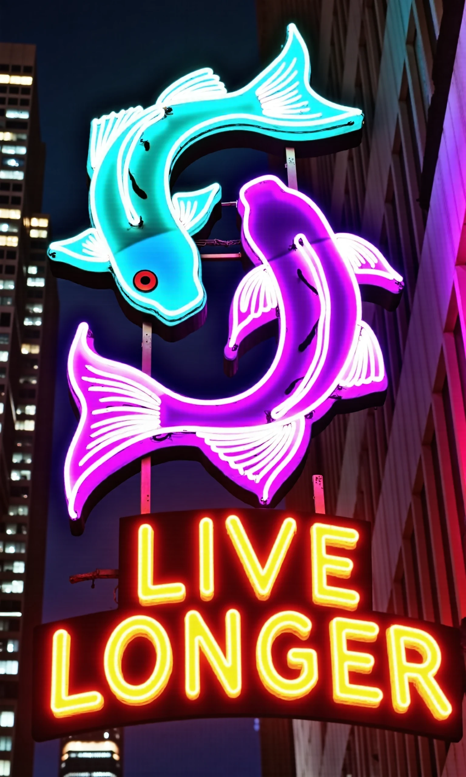 Evolution of the Neon Slogan with a drawing and a text option, skyline in the background, portrait aspect ratio.
<br>Please modify the example sentence as a prompt:
<br>"Ground view night shot of vintage neon sign in the style of two purple and cyan koi fishes that says "live longer""