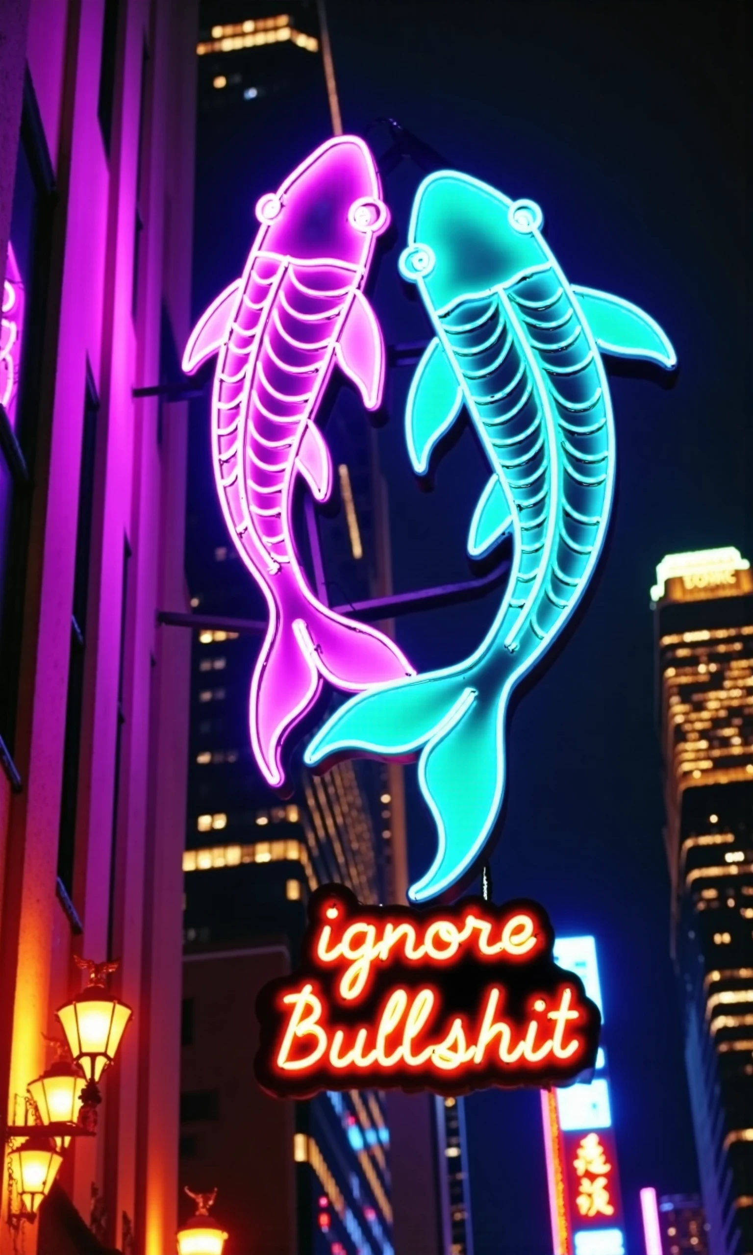 Evolution of the Neon Slogan with a drawing and a text option, skyline in the background, portrait aspect ratio.
<br>Please modify the example sentence as a prompt:
<br>"Ground view night shot of vintage neon sign in the style of two purple and cyan koi fishes that says "live longer""