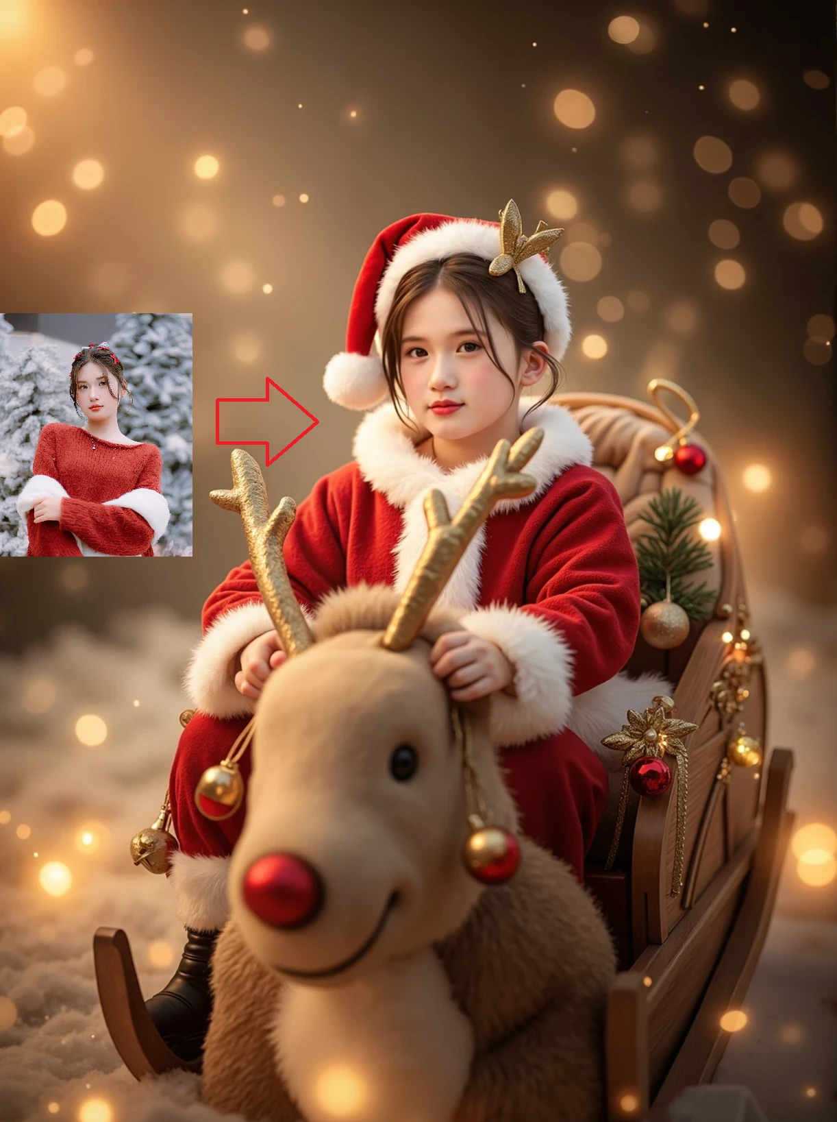 

<br>Input:

<br>- Straight portrait photo

<br>- Portrait photo taken from the side

<br>Output:

<br>- Picture of a child riding a reindeer sleigh