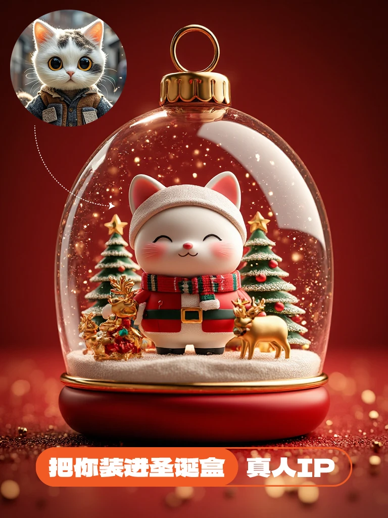 Upload pictures of people or pets to generate Christmas-themed posters; Use tips:<br>1, the default LORA parameters, you can put the character into the box; Need to correspond to the box, bottle and other elements of the prompt words;<br>2, the weight of the blind box LORA is adjusted to 0.8, which can normally produce the character IP, without the micro-world effect;<br>3, try not to change the fixed prompt words, if you need to change only adjust the element words;<br>上传人物或者宠物图，即可生成圣诞主题的海报；使用技巧：<br>1、默认LORA参数，可以把人物装进盒子里；需要对应的盒子、瓶子等元素的提示词；<br>2、将盲盒LORA的权重调到0.8，可正常出人物IP，不出微观世界效果；<br>3、固定提示词尽量不要更改，如需更改只调整元素词；<br>有问题欢迎进群一起学习交流：点击链接加入QQ频道【指鹿AI共创社区】：https://pd.qq.com/s/dqm2fepsg QQ群<br><br>已开通微信交流群，可加QQ群私我~或添+v：zgb1128<br><br>B站关注：指鹿AI，Comfyui教程持续免费更新（ https://space.bilibili.com/385184178 ） B站主页