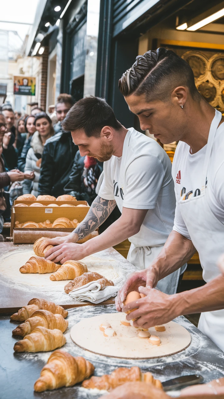 Messi and Ronaldo working at a cafe making croissants 