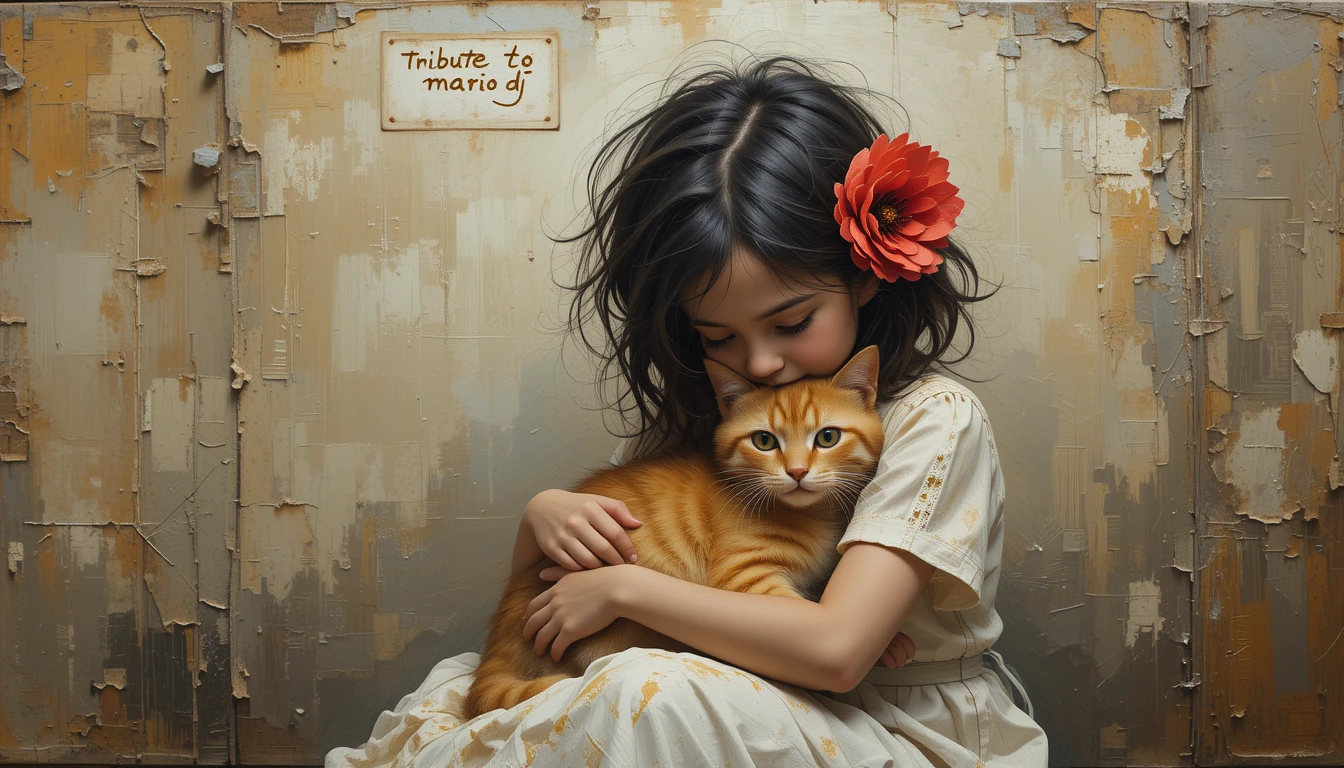 The oil painting depicts a touching and intimate scene of a young girl gently 