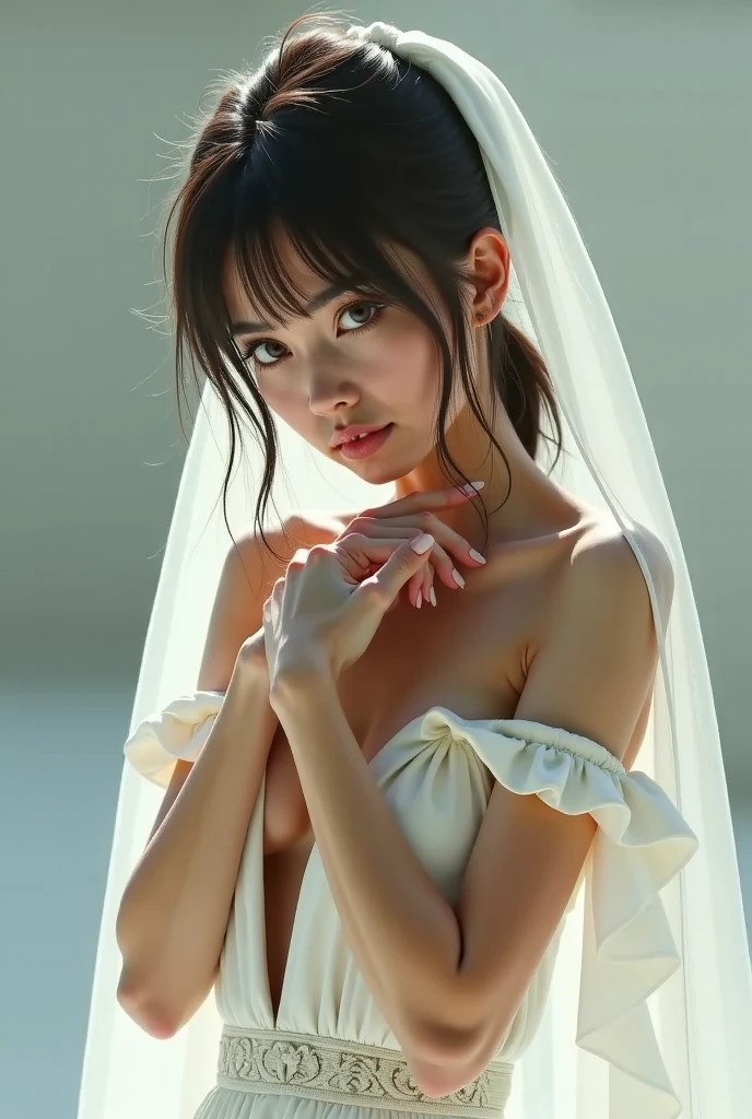 ((Large Breasts:1.2)),In foggy weather, I see a bare-skinned woman wearing a white veil, Energetic in the desert. This image is、Inspired by the determined movements of the woman and the dramatic backdrop、It captures the raw, powerful emotion.。. High quality detail in photos、The contrast between light and dark is enhanced, Reveals the delicate elegance of a woman's veil fluttering in the wind。. All the elements of this striking image come together、It creates dark emotions and deep meanings.. Milan Fashion Week , Vogue Magazine