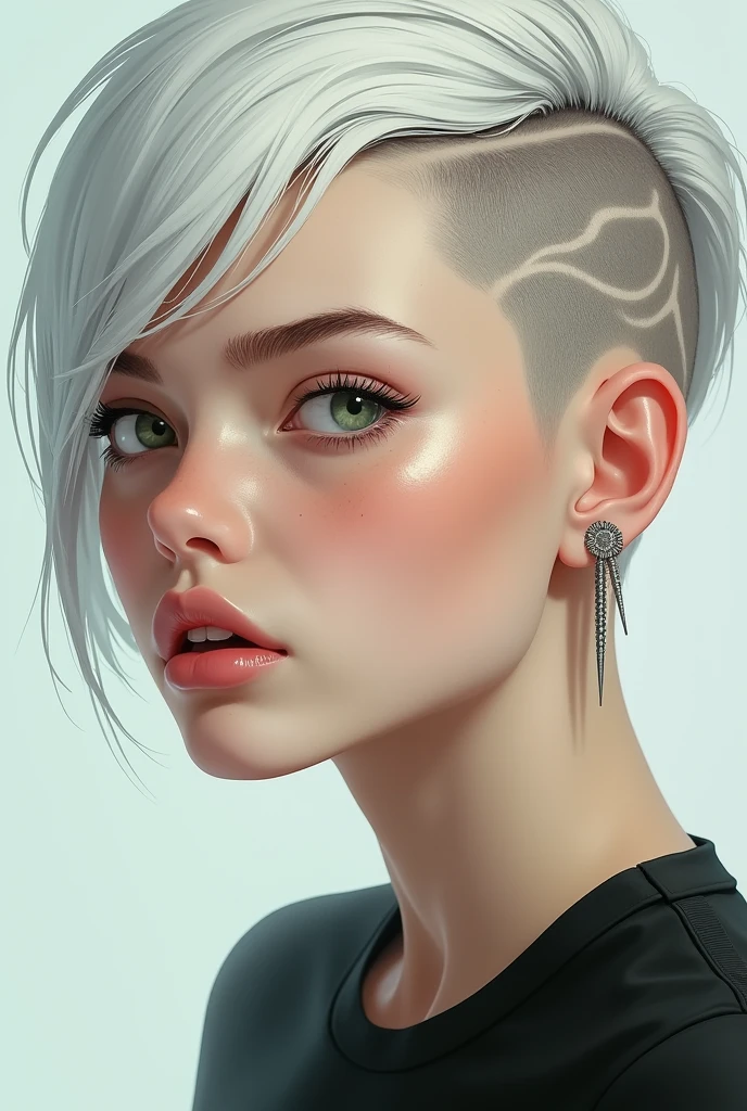 studio hard lightning, a close up of a woman with a shaved head, by Emma Andijewska, long earrings, glamor profile pose, shiny lighting, ysl editorial, portrait of tall, shiny and sparkling, modern high sharpness photo 