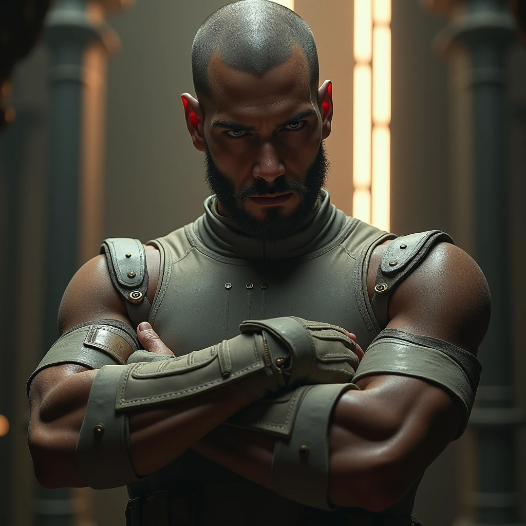 Create an image of an alien with more human characteristics"Ethan is a Geodite with tough earthy skin and eyes that reflect earthy colors. He has a robust build and a determined expression. His clothes are simple and practical, ideal for life underground."