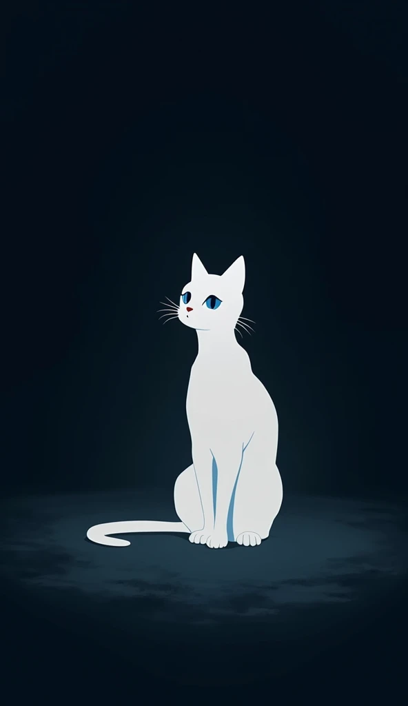 a silhouette of a white cat with blue eyes, dark background, minimalist