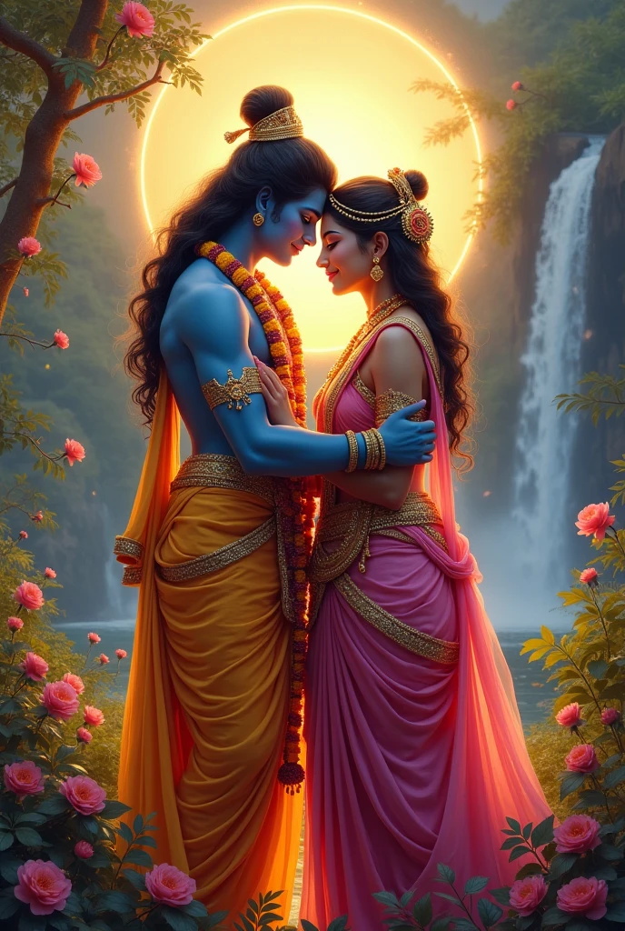 A vibrant scene depicting Lord Krishna, with blue skin and adorned in ornate jewelry and a yellow dhoti, playing a flute. Beside him stands a beautiful woman, wearing a red saree with intricate patterns and golden jewelry, smiling lovingly at Krishna. They are partially submerged in a serene water setting surrounded by pink lotus flowers, with a soft, ethereal light filtering through a lush, green background.