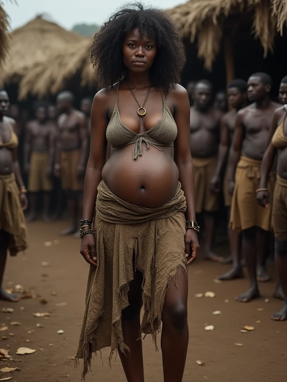 A mature African woman, wearing tattered rags and , with a curvaceous postpartum body,  and wide . standing in a slave market, in full view in a highly detailed photographic style