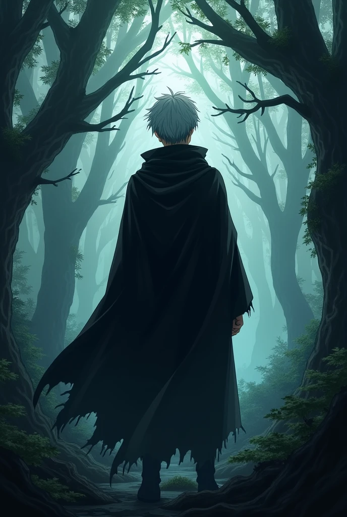 Manga character, boy with white hair without a shirt and with pants up to his shins, bare feet, walking suspiciously in a forest, a shadow of a ninja behind him