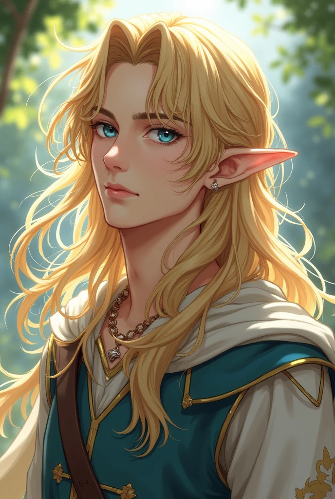 An elf male, long messy wavy blonde hair, blue eyes and a seemingly heavenly aura, a paladin, he has androgynous features yet has a more matured and defined fetaures and exceeds masculinity—all in  semi-realistic anime art