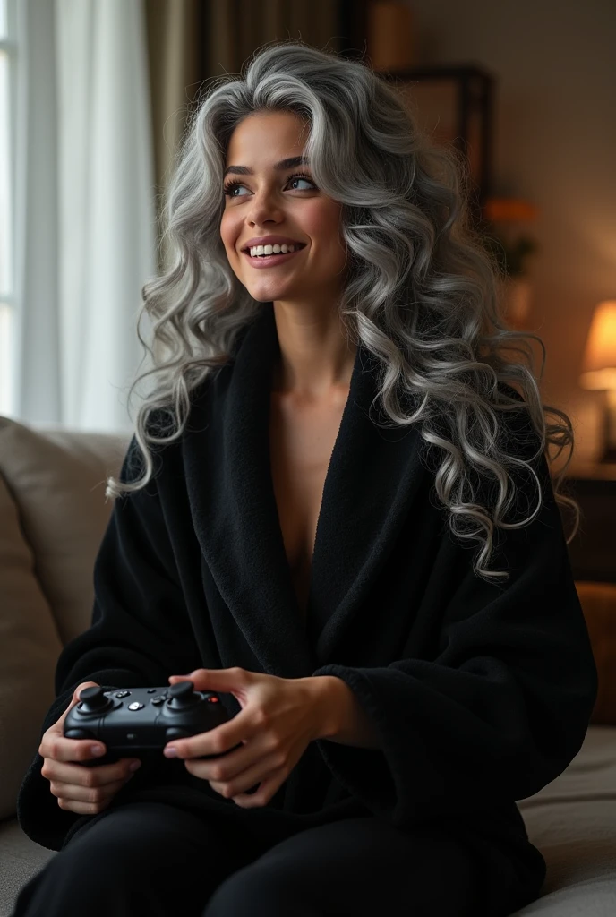 beautiful, (masterpiece), best quality, (extremely detailed face), extremely detailed eyes, perfect lighting, OverallDetail, detailed, deep skin,textured skin,
,bear costume ,black bear costume, long sleeves, hood up,,mallow , elder , 50 years old, aging ,long gray hair, green eyes, big smile,on bed ,sitting between pillows,
,