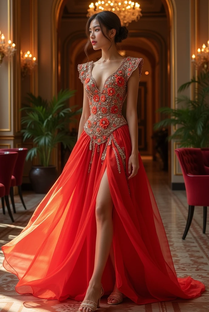 woman, The other one is amber, Your face is delicate and beautiful、The gaze is strong, She is wearing a long red dress embroidered with gold roses., Neckline on front and back, She wears a lot of gold jewelry, ring, Wristband, delicate earring, In front of a grey background