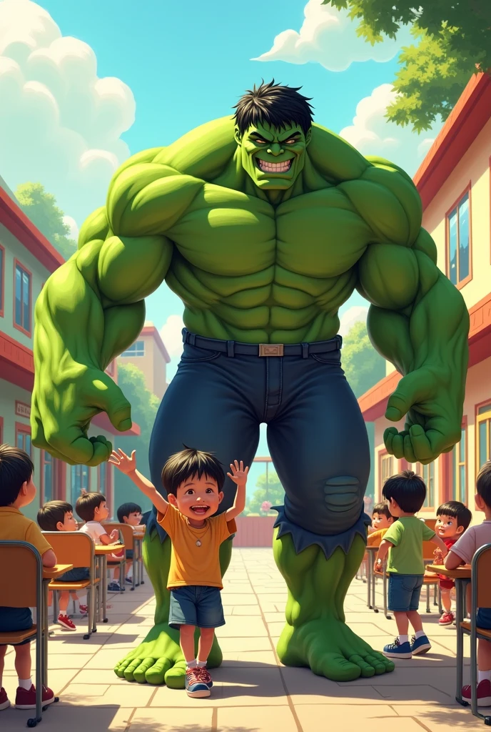 Hulk, perfect quality, clear focus (clutter - home: 0.8), (masterpiece: 1.2) (realistic: 1.2) (bokeh) (best quality) (detailed skin: 1.3) (complex details) (8K) (detail eyes) (sharp focus), (happy) full body, two children, clean background, long view composition, 85MM SHOT