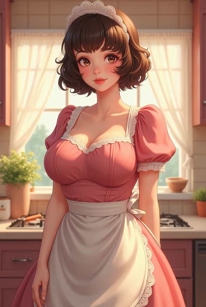 Helen Parr, (art by Jeremy Lipking), bath robe, (busty), (wide hips), robe, in kitchen, drinking coffee, <lora:HelenParrFaceV2-000003:0.8>