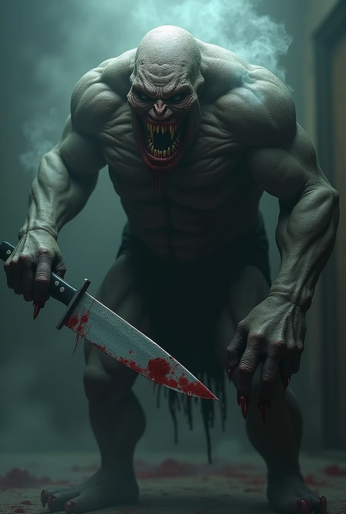 fictional scary male creature with glowing white eyes has a scary smile with sharp teeth has a fit athletic physique wears no shirt is holding a knife , in the bedroom scene of cumming at night , light coming through the window , from front view , 4K , best quality , high détail , Masterpiece artwork