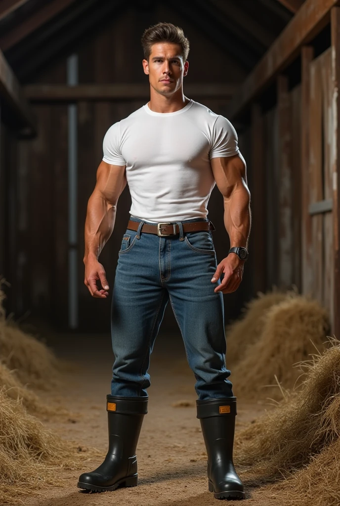 1 handsome man farmer ,Full body, farmer wearing white tank-top, he is lifting shirt, pubic and belly hair, blue old dirty jeans, zipper os pants oppened showing hanes brief, nice bulge, black short hair fade , nice big blue eyes, 30yo man with large smile, large detailed lips, soft-box light hdr, muscular hairy chest, long legs, staring at camera, crossed arms , neck tribal tattoo , barn background, colorful and vivid colors.