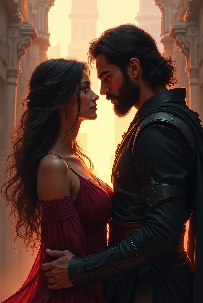 a beautiful woman with black straight hair with red strands passionately kisses a man with a head higher than her, a warrior, with black hair with violet strands, they are both beautiful