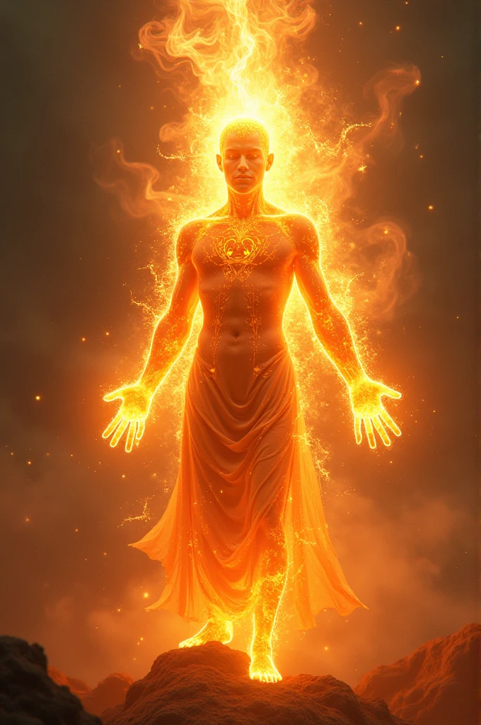 flame that surrounds the user's body in a fluid and dynamic way, as if in constant motion. The flames dance and intertwine, creating intricate patterns that resemble sacred symbols or inscriptions..