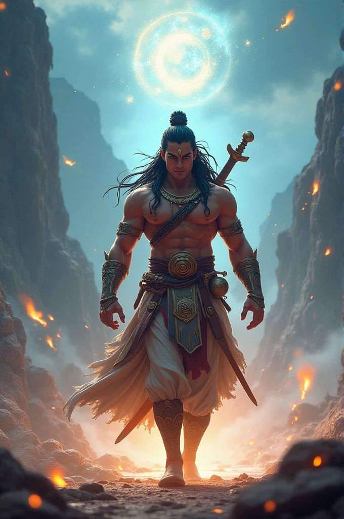 Hindu male deity wears black half-length shirt, garlands around neck, gold jewelry, sword in one hand, hair in bun on right, dark complexion, standing enraged inside 4-legged mandapam, 18 steps in front of him. Behind a Green village, 3d