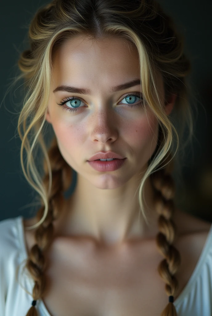 twin braids,Sexy Eyes,,1 sex doll,large and saggy breasts,humida (((white liquid))), Unclothed, totally naked, real photografic, real photograficista
