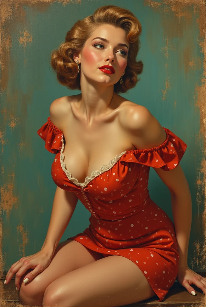painting of a woman in a red dress sitting on a black background, pinup art, pinup, girl pinup, pinup girl, enoch bolles, pin up girl, pin up, pin - up, pin-up, vintage pin up, pin - up girl, pinup pose, pinup model, pin-up poster girl, by Earle Bergey, by Tina Blondell