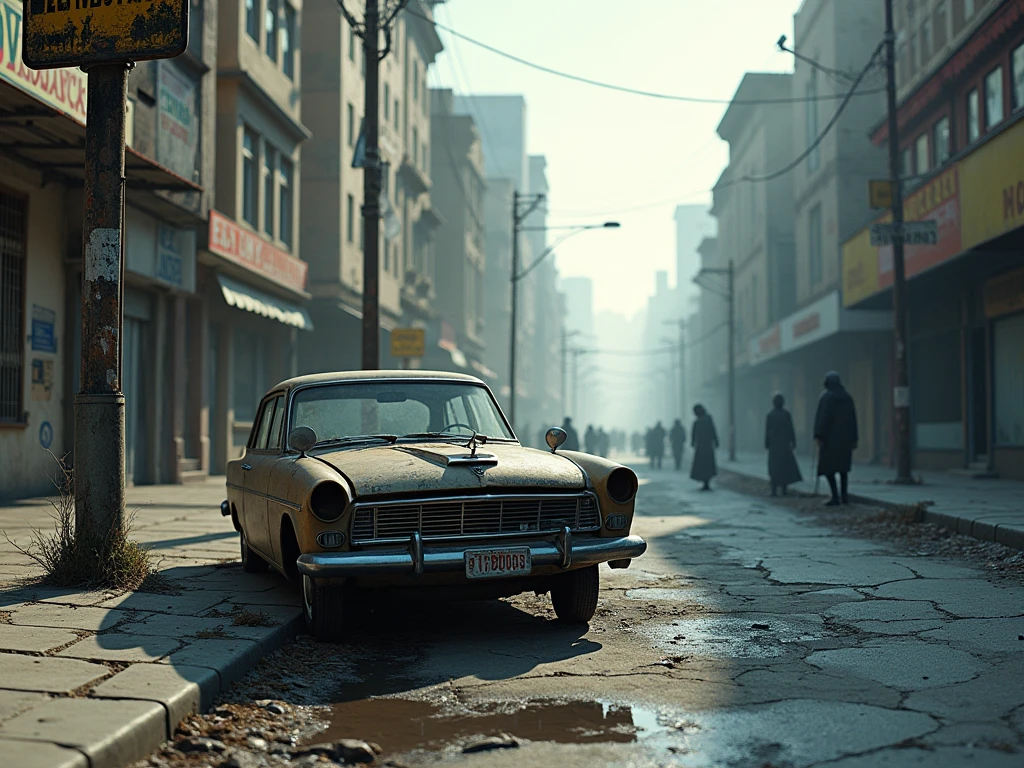 Car driving on street against background of cloudy sky, cinematic atmospheric photo, movie still 8 k, Cinematic grit lighting, post - apocalyptic city streets, Post-apocalyptic street, city street cinematic lighting, photorealistic cinematic render, in a post apocalyptic city, cinematic style photograph, Movie 4K wallpaper, Movie 4K wallpaper, gloomy cinematic lighting, Cinematic photorealistic,zombi
