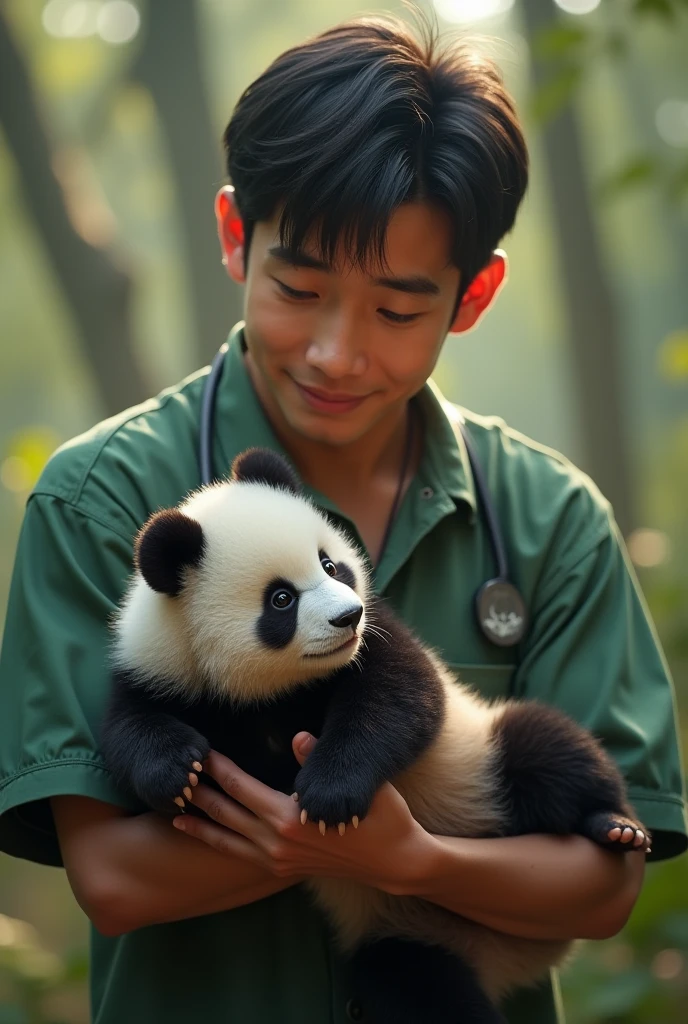 yellow brown pants, white shoes, black giant panda ear, happy face, front teeth are visible, both top and bottom, holding infant feeding bottle. --auto