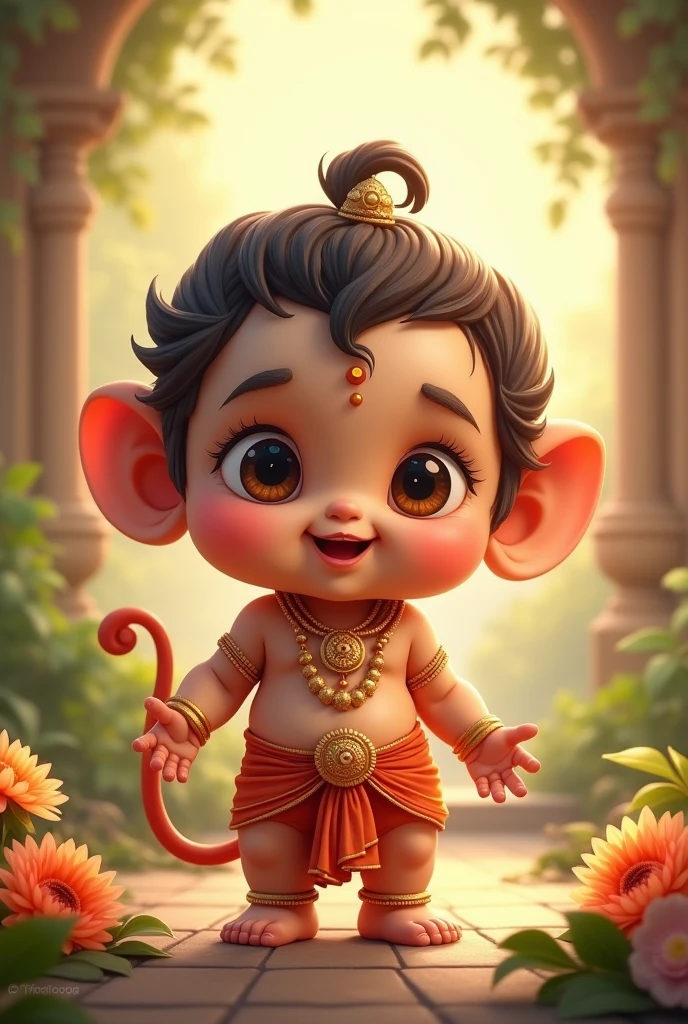  3D cartoon style"**Guarding the Door**: Ganesh, a young boy, guarding the door with determination as Parvati instructs him."