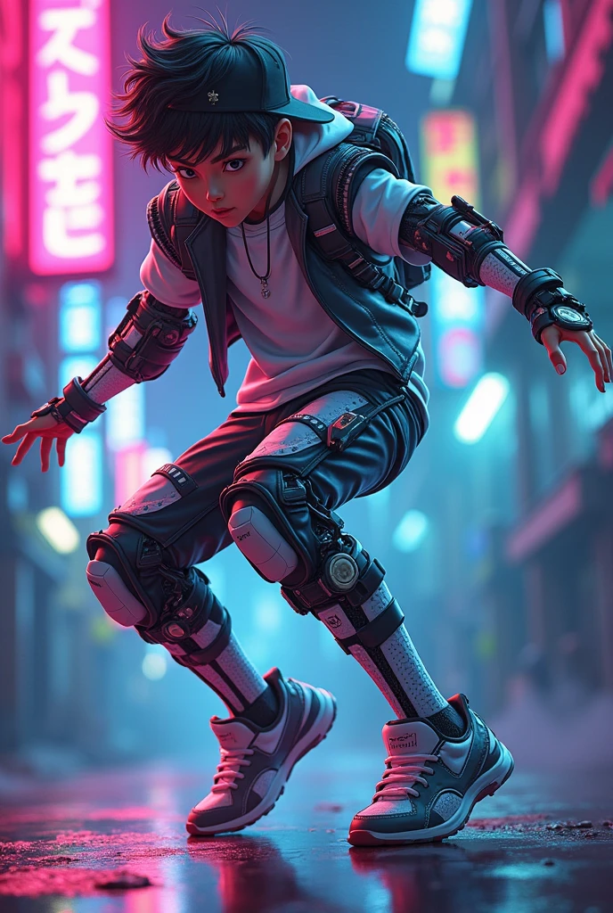 Little monkey skateboarding,magical,Upper body length，Short legs，Monkey hair on the body， Wear a futuristic machine，Skateboard shoes， glowing headphones，OC Render, Ray traching, High quality, High detail, high resolution, 8K,